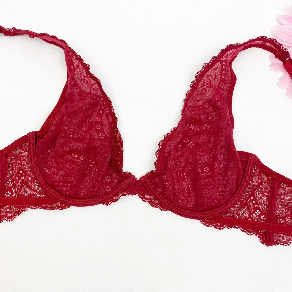Intimately Free People Deep V Plunge Lace Underwire Bra: Crimson Red Burgundy
